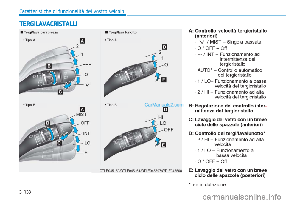 Hyundai Tucson 2019 Manuale del proprietario (in Italian) 3-138
Caratteristiche di funzionalità del vostro veicolo
A: Controllo velocità tergicristallo
(anteriori)
· / MIST – Singola passata
· O / OFF – Off
· --- / INT – Funzionamento ad
intermi Hyundai Tucson 2019 Manuale del proprietario (in Italian) 3-138
Caratteristiche di funzionalità del vostro veicolo
A: Controllo velocità tergicristallo
(anteriori)
· / MIST – Singola passata
· O / OFF – Off
· --- / INT – Funzionamento ad
intermi