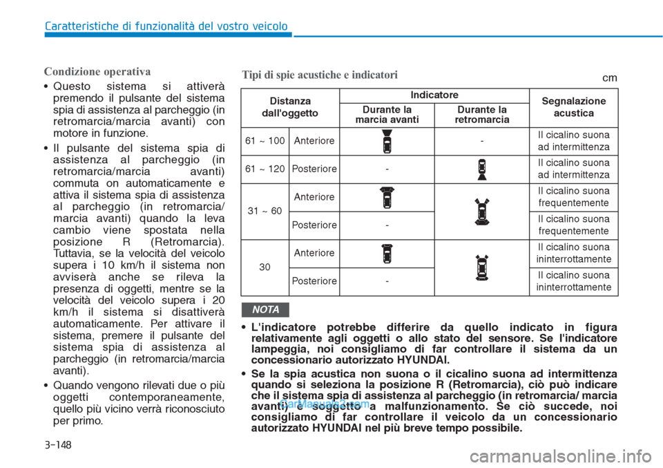 Hyundai Tucson 2019 Manuale del proprietario (in Italian) 3-148
Caratteristiche di funzionalità del vostro veicolo
Condizione operativa
• Questo sistema si attiverÃ
premendo il pulsante del sistema
spia di assistenza al parcheggio (in
retromarcia/marcia Hyundai Tucson 2019 Manuale del proprietario (in Italian) 3-148
Caratteristiche di funzionalità del vostro veicolo
Condizione operativa
• Questo sistema si attiverÃ
premendo il pulsante del sistema
spia di assistenza al parcheggio (in
retromarcia/marcia