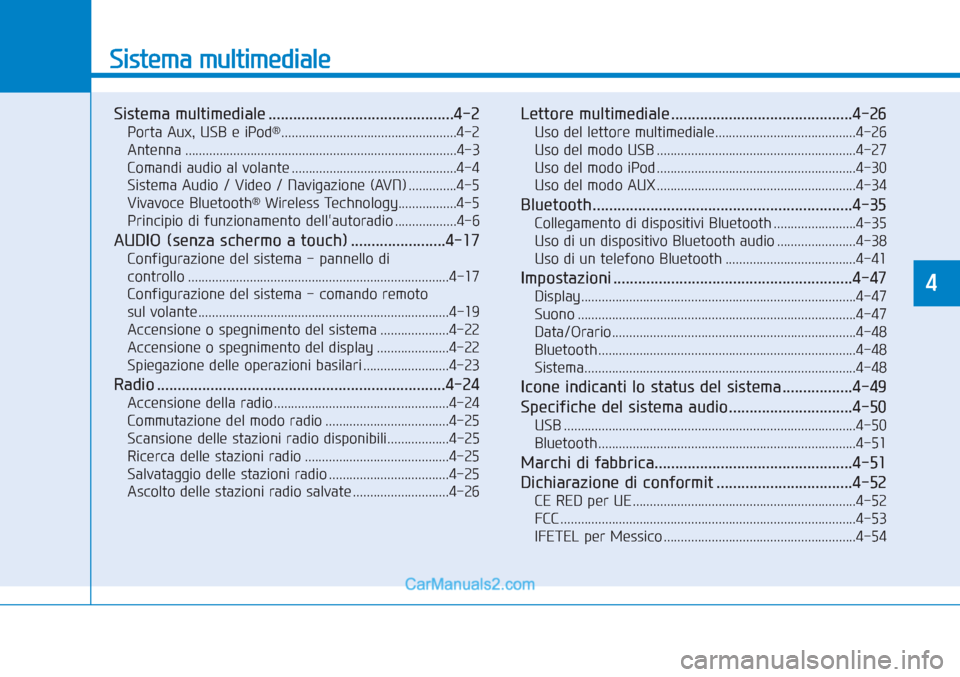 Hyundai Tucson 2019 Manuale del proprietario (in Italian) Sistema multimediale
Sistema multimediale .............................................4-2
Porta Aux, USB e iPod®...................................................4-2
Antenna ....................... Hyundai Tucson 2019 Manuale del proprietario (in Italian) Sistema multimediale
Sistema multimediale .............................................4-2
Porta Aux, USB e iPod®...................................................4-2
Antenna .......................