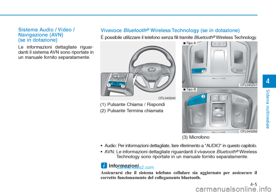 Hyundai Tucson 2019  Manuale del proprietario (in Italian) Sistema Audio / Video /
Navigazione (AVN)
(se in dotazione)
Le informazioni dettagliate riguar-
danti il sistema AVN sono riportate in
un manuale fornito separatamente.
(1) Pulsante Chiama / Rispondi
