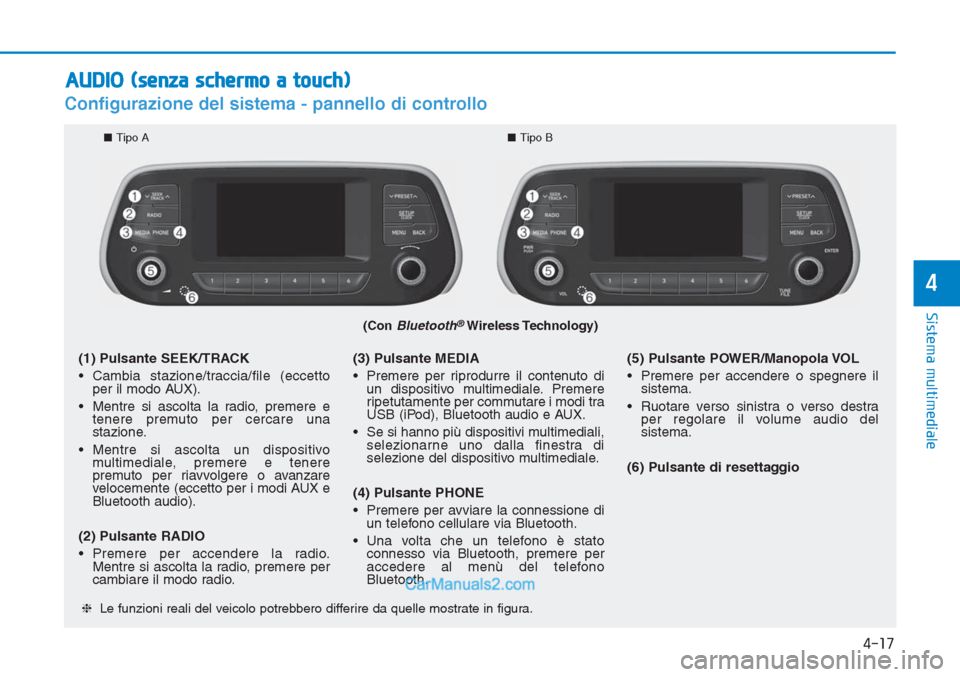 Hyundai Tucson 2019  Manuale del proprietario (in Italian) 4-17
Sistema multimediale
4
Configurazione del sistema - pannello di controllo
(Con Bluetooth®Wireless Technology)
❈Le funzioni reali del veicolo potrebbero differire da quelle mostrate in figura.
