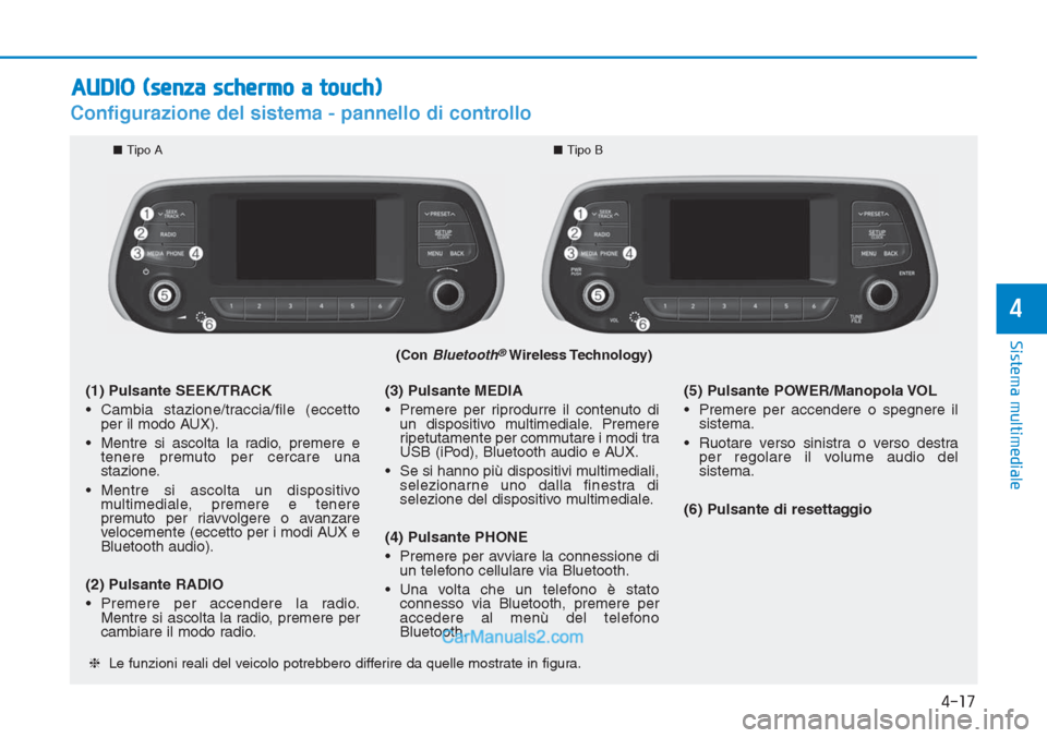 Hyundai Tucson 2019 Manuale del proprietario (in Italian) 4-17
Sistema multimediale
4
Configurazione del sistema - pannello di controllo
(Con Bluetooth®Wireless Technology)
❈Le funzioni reali del veicolo potrebbero differire da quelle mostrate in figura.
Hyundai Tucson 2019 Manuale del proprietario (in Italian) 4-17
Sistema multimediale
4
Configurazione del sistema - pannello di controllo
(Con Bluetooth®Wireless Technology)
❈Le funzioni reali del veicolo potrebbero differire da quelle mostrate in figura.