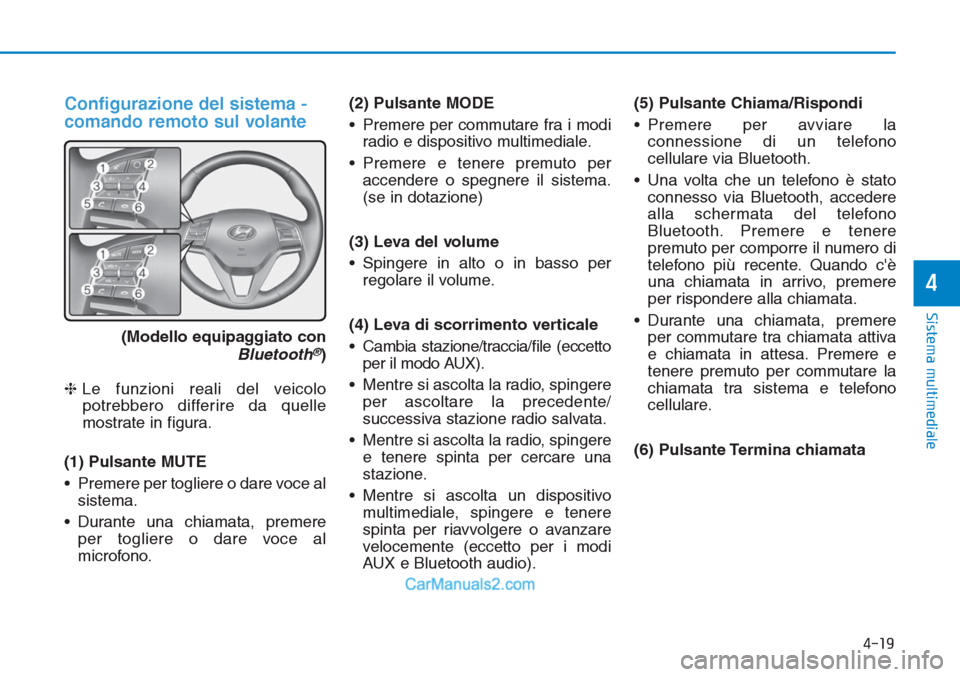 Hyundai Tucson 2019 Manuale del proprietario (in Italian) 4-19
Sistema multimediale
4
Configurazione del sistema -
comando remoto sul volante
(Modello equipaggiato con
Bluetooth®)
❈Le funzioni reali del veicolo
potrebbero differire da quelle
mostrate in f Hyundai Tucson 2019 Manuale del proprietario (in Italian) 4-19
Sistema multimediale
4
Configurazione del sistema -
comando remoto sul volante
(Modello equipaggiato con
Bluetooth®)
❈Le funzioni reali del veicolo
potrebbero differire da quelle
mostrate in f