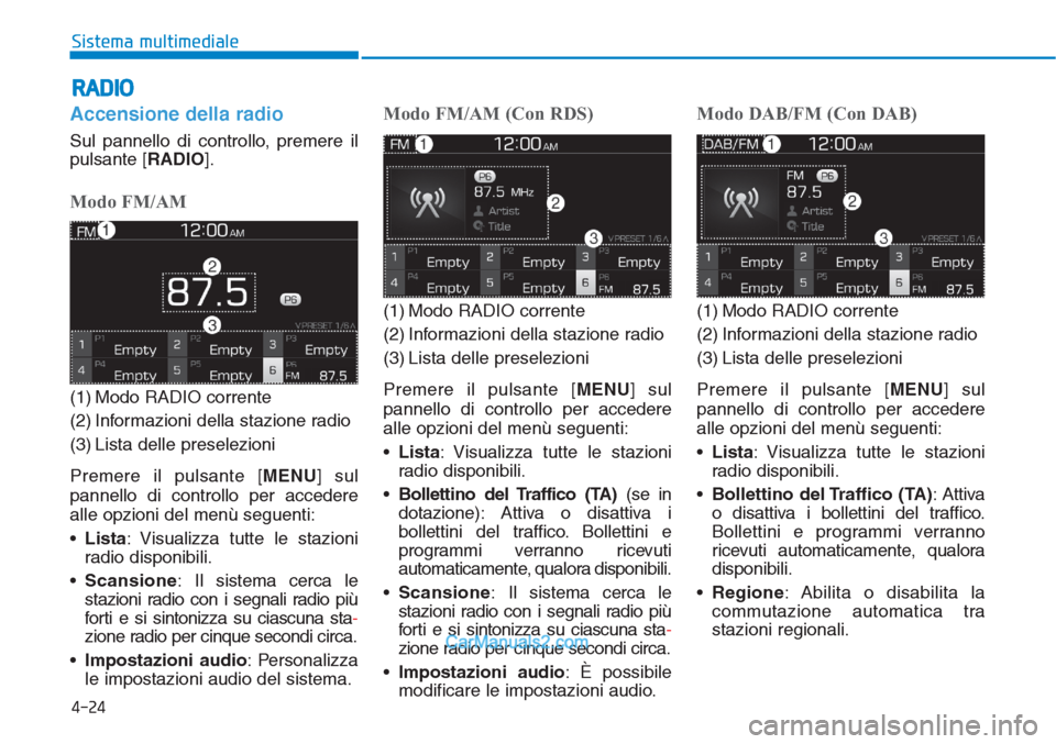 Hyundai Tucson 2019  Manuale del proprietario (in Italian) Accensione della radio
Sul pannello di controllo, premere il
pulsante [RADIO].
Modo FM/AM
(1) Modo RADIO corrente
(2) Informazioni della stazione radio
(3) Lista delle preselezioni
Premere il pulsante
