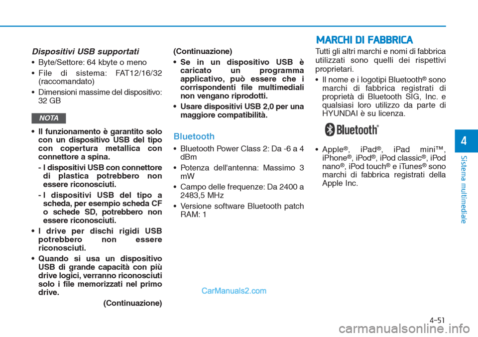 Hyundai Tucson 2019  Manuale del proprietario (in Italian) Dispositivi USB supportati
• Byte/Settore: 64 kbyte o meno
• File di sistema: FAT12/16/32
(raccomandato)
• Dimensioni massime del dispositivo:
32 GB
• Il funzionamento è garantito solo
con un