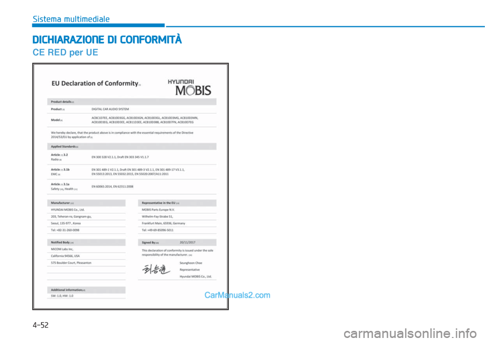 Hyundai Tucson 2019  Manuale del proprietario (in Italian) 4-52
Sistema multimediale
DICHIARAZIONE DI CONFORMITÀ
CE RED per UE   