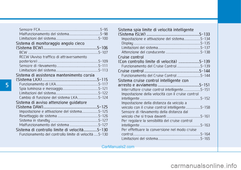 Hyundai Tucson 2019  Manuale del proprietario (in Italian) 5
Sensore FCA .....................................................................5-95
Malfunzionamento del sistema....................................5-98
Limitazioni del sistema....................