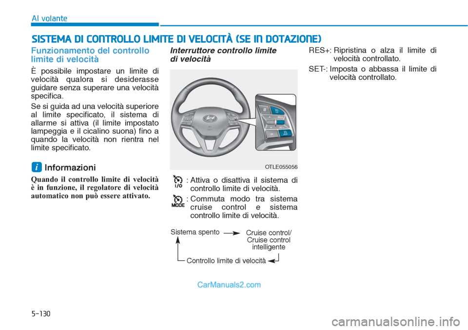 Hyundai Tucson 2019  Manuale del proprietario (in Italian) 5-130
Al volante
Funzionamento del controllo
limite di velocità
È possibile impostare un limite di
velocità qualora si desiderasse
guidare senza superare una velocità
specifica.
Se si guida ad una