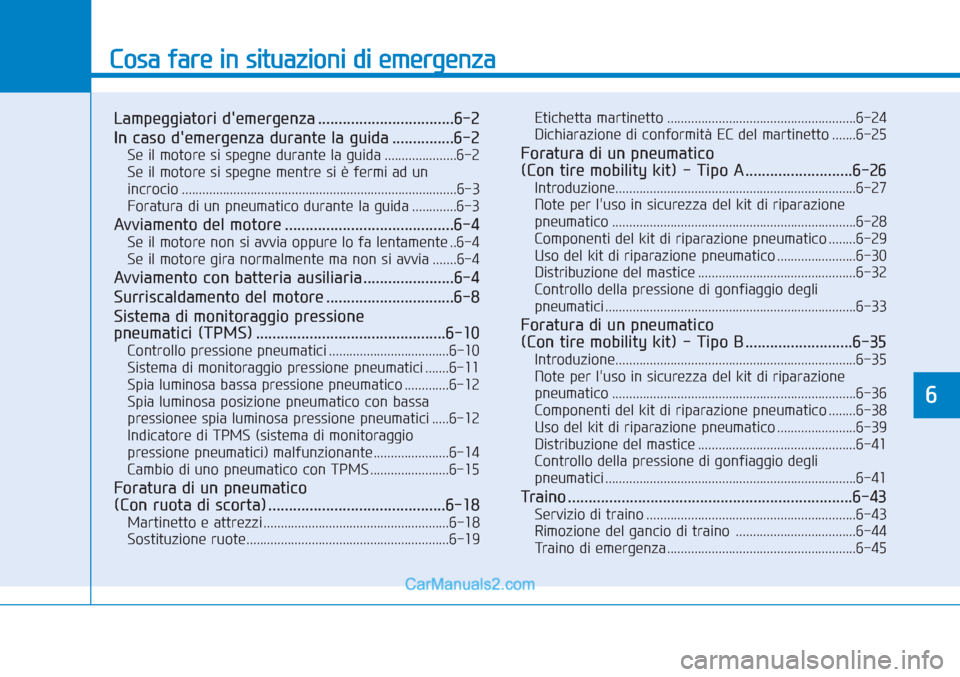 Hyundai Tucson 2019  Manuale del proprietario (in Italian) Cosa fare in situazioni di emergenza
Lampeggiatori demergenza .................................6-2
In caso demergenza durante la guida ...............6-2
Se il motore si spegne durante la guida ....