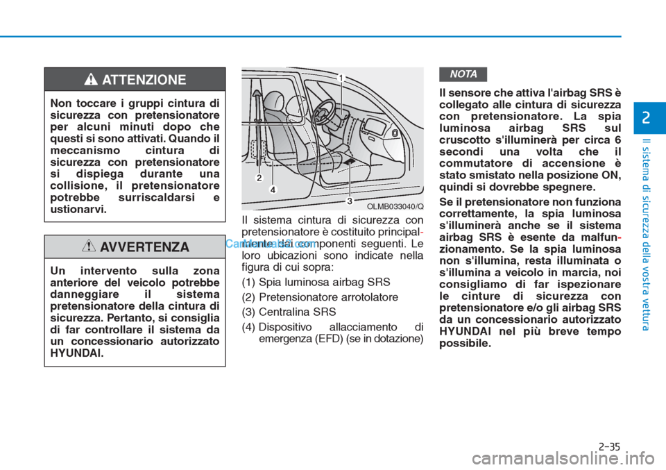 Hyundai Tucson 2019 Manuale del proprietario (in Italian) 2-35
Il sistema di sicurezza della vostra vettura
2
Il sistema cintura di sicurezza con
pretensionatore è costituito principal-
mente dai componenti seguenti. Le
loro ubicazioni sono indicate nella
f Hyundai Tucson 2019 Manuale del proprietario (in Italian) 2-35
Il sistema di sicurezza della vostra vettura
2
Il sistema cintura di sicurezza con
pretensionatore è costituito principal-
mente dai componenti seguenti. Le
loro ubicazioni sono indicate nella
f