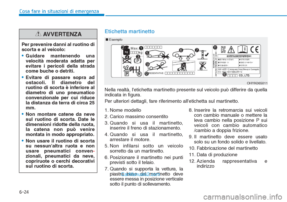 Hyundai Tucson 2019 Manuale del proprietario (in Italian) 6-24
Cosa fare in situazioni di emergenza
■Esemplo
OHYK065011
1. Nome modello
2. Carico massimo consentito
3. Quando si usa il martinetto,
inserire il freno di stazionamento.
4. Quando si usa il mar Hyundai Tucson 2019 Manuale del proprietario (in Italian) 6-24
Cosa fare in situazioni di emergenza
■Esemplo
OHYK065011
1. Nome modello
2. Carico massimo consentito
3. Quando si usa il martinetto,
inserire il freno di stazionamento.
4. Quando si usa il mar