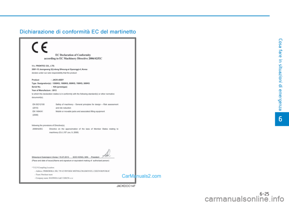 Hyundai Tucson 2019 Manuale del proprietario (in Italian) 6-25
Cosa fare in situazioni di emergenza
6
JACKDOC14F
Dichiarazione di conformità EC del martinetto Hyundai Tucson 2019 Manuale del proprietario (in Italian) 6-25
Cosa fare in situazioni di emergenza
6
JACKDOC14F
Dichiarazione di conformità EC del martinetto