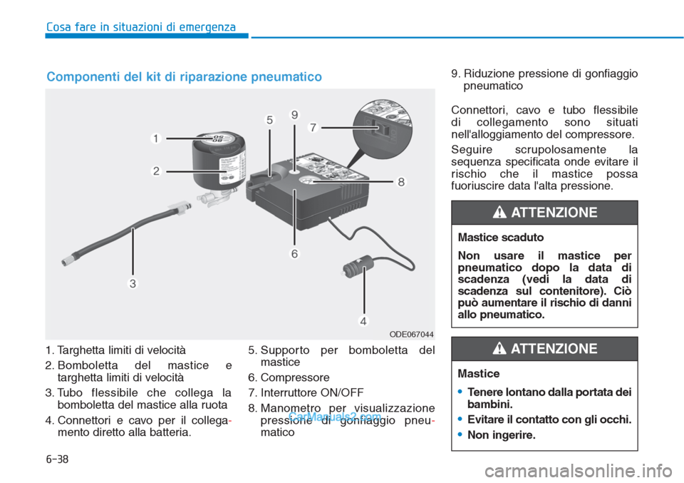 Hyundai Tucson 2019 Manuale del proprietario (in Italian) 6-38
1. Targhetta limiti di velocità
2. Bomboletta del mastice e
targhetta limiti di velocità
3. Tubo flessibile che collega la
bomboletta del mastice alla ruota
4. Connettori e cavo per il colle Hyundai Tucson 2019 Manuale del proprietario (in Italian) 6-38
1. Targhetta limiti di velocità
2. Bomboletta del mastice e
targhetta limiti di velocità
3. Tubo flessibile che collega la
bomboletta del mastice alla ruota
4. Connettori e cavo per il colle