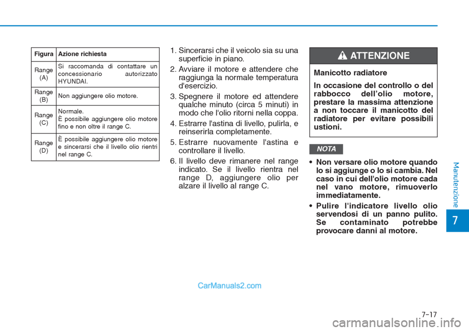 Hyundai Tucson 2019  Manuale del proprietario (in Italian) 7-17
7
Manutenzione
1. Sincerarsi che il veicolo sia su una
superficie in piano.
2. Avviare il motore e attendere che
raggiunga la normale temperatura
desercizio.
3. Spegnere il motore ed attendere
q
