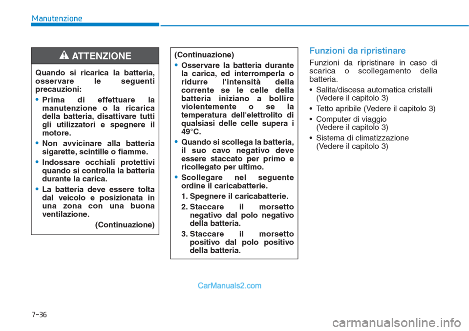 Hyundai Tucson 2019 Manuale del proprietario (in Italian) 7-36
Manutenzione
Funzioni da ripristinare
Funzioni da ripristinare in caso di
scarica o scollegamento della
batteria.
• Salita/discesa automatica cristalli
(Vedere il capitolo 3)
• Tetto apribil Hyundai Tucson 2019 Manuale del proprietario (in Italian) 7-36
Manutenzione
Funzioni da ripristinare
Funzioni da ripristinare in caso di
scarica o scollegamento della
batteria.
• Salita/discesa automatica cristalli
(Vedere il capitolo 3)
• Tetto apribil