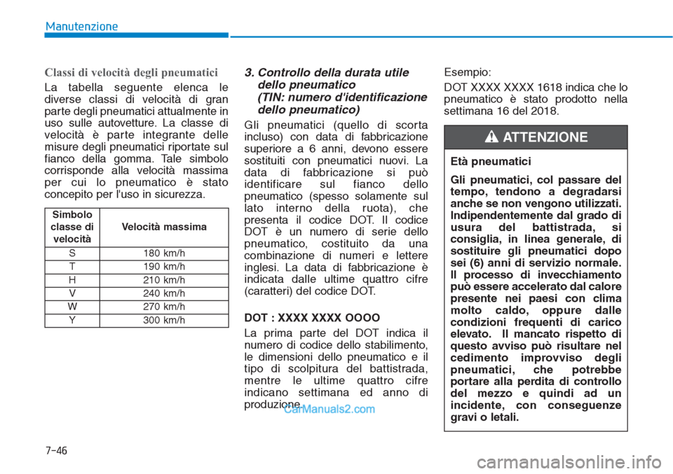 Hyundai Tucson 2019 Manuale del proprietario (in Italian) 7-46
Manutenzione
Classi di velocità degli pneumatici
La tabella seguente elenca le
diverse classi di velocità di gran
parte degli pneumatici attualmente in
uso sulle autovetture. La classe di
veloc Hyundai Tucson 2019 Manuale del proprietario (in Italian) 7-46
Manutenzione
Classi di velocità degli pneumatici
La tabella seguente elenca le
diverse classi di velocità di gran
parte degli pneumatici attualmente in
uso sulle autovetture. La classe di
veloc