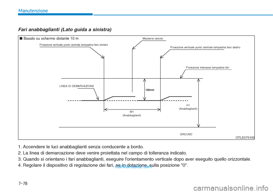 Hyundai Tucson 2019  Manuale del proprietario (in Italian) 7-78
Manutenzione
Fari anabbaglianti (Lato guida a sinistra)
1. Accendere le luci anabbaglianti senza conducente a bordo.
2. La linea di demarcazione deve venire proiettata nel campo di tolleranza ind