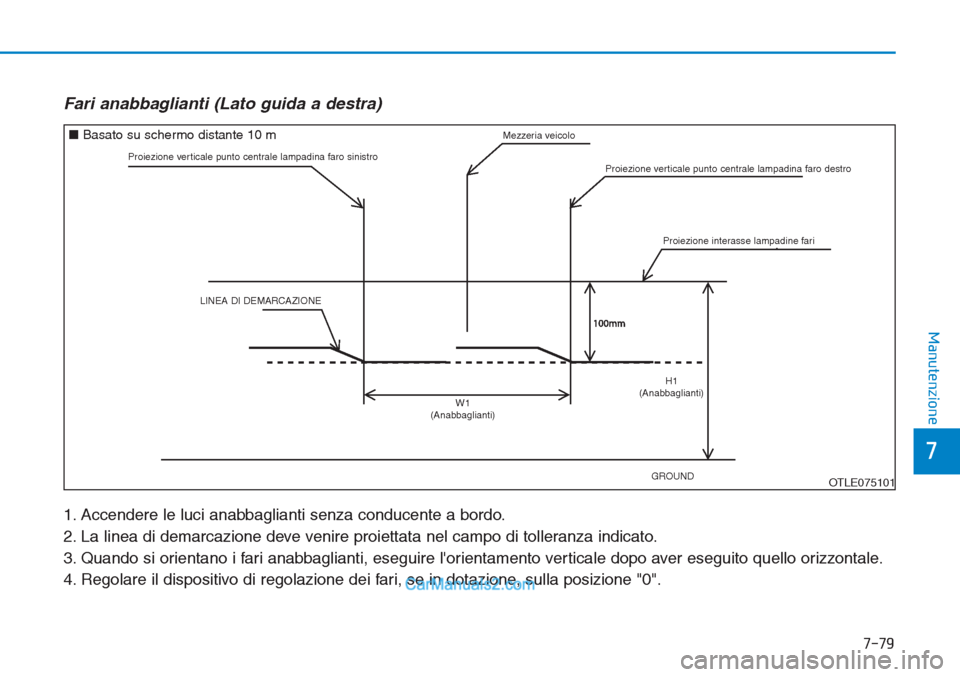 Hyundai Tucson 2019  Manuale del proprietario (in Italian) 7-79
7
Manutenzione
Fari anabbaglianti (Lato guida a destra)
1. Accendere le luci anabbaglianti senza conducente a bordo.
2. La linea di demarcazione deve venire proiettata nel campo di tolleranza ind