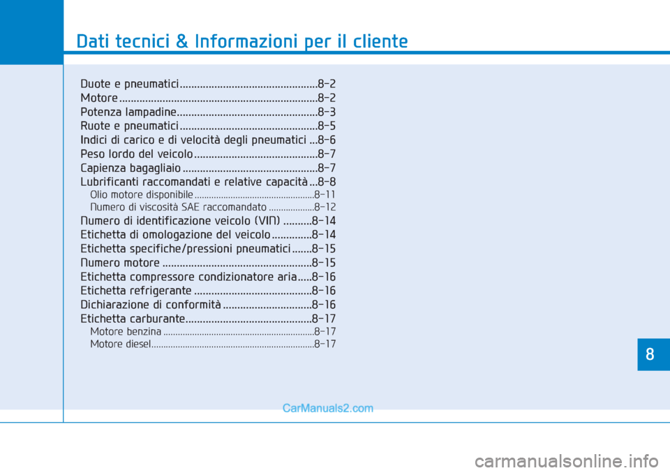 Hyundai Tucson 2019  Manuale del proprietario (in Italian) 8
Dati tecnici & Informazioni per il cliente
8
Dati tecnici & Informazioni per il cliente
8
Duote e pneumatici ................................................8-2
Motore ..............................