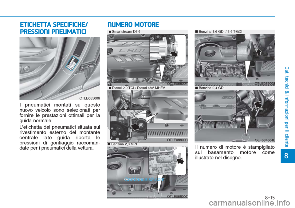 Hyundai Tucson 2019  Manuale del proprietario (in Italian) 8-15
8
Dati tecnici & Informazioni per il cliente
I pneumatici montati su questo
nuovo veicolo sono selezionati per
fornire le prestazioni ottimali per la
guida normale.
Letichetta dei pneumatici sit