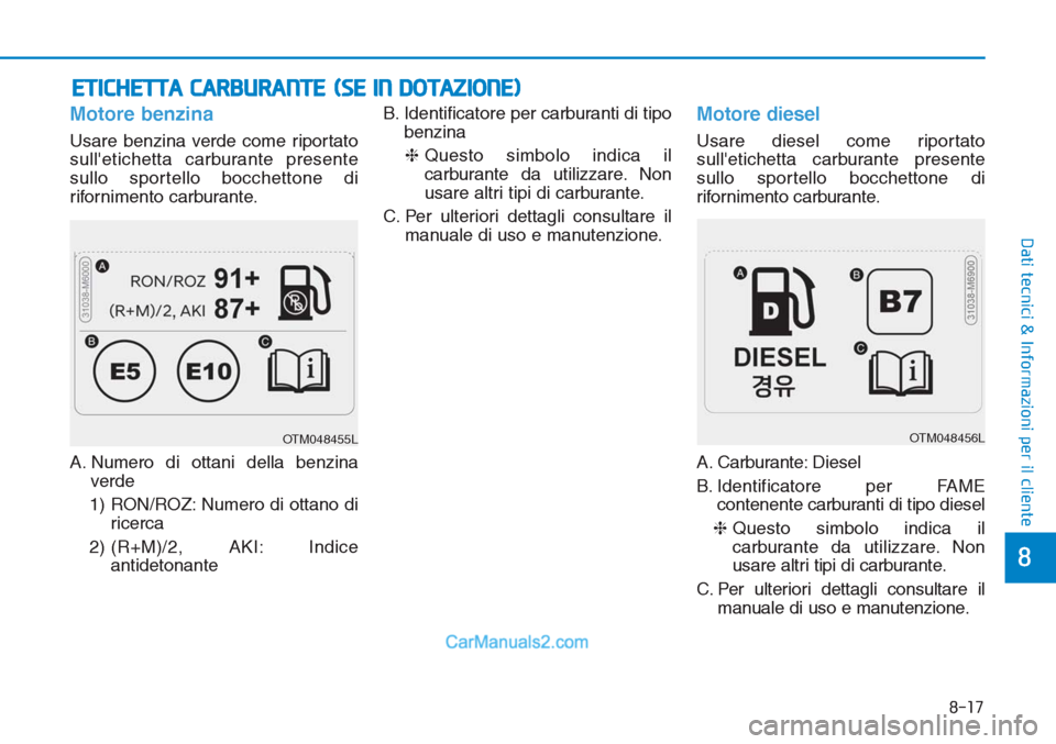 Hyundai Tucson 2019  Manuale del proprietario (in Italian) Motore benzina
Usare benzina verde come riportato
sulletichetta carburante presente
sullo sportello bocchettone di
rifornimento carburante.
A. Numero di ottani della benzina
verde
1) RON/ROZ: Numero 