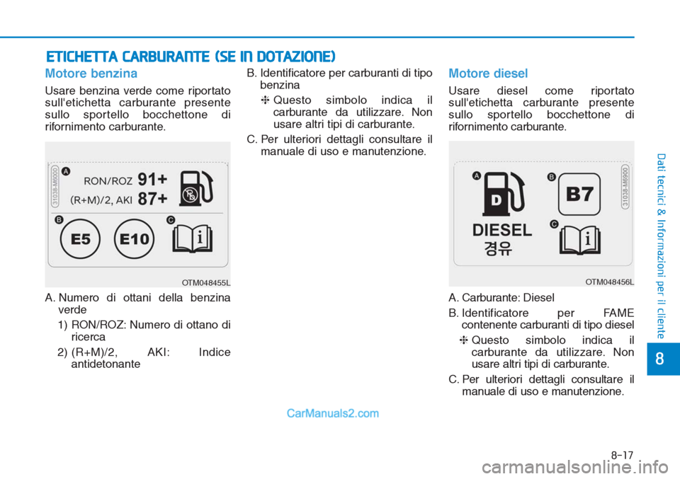 Hyundai Tucson 2019 Manuale del proprietario (in Italian) Motore benzina
Usare benzina verde come riportato
sulletichetta carburante presente
sullo sportello bocchettone di
rifornimento carburante.
A. Numero di ottani della benzina
verde
1) RON/ROZ: Numero Hyundai Tucson 2019 Manuale del proprietario (in Italian) Motore benzina
Usare benzina verde come riportato
sulletichetta carburante presente
sullo sportello bocchettone di
rifornimento carburante.
A. Numero di ottani della benzina
verde
1) RON/ROZ: Numero