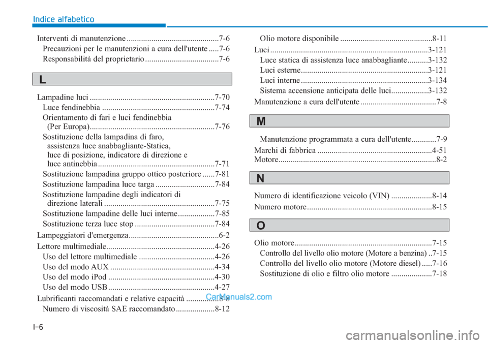 Hyundai Tucson 2019 Manuale del proprietario (in Italian) I-6
Indice alfabetico
Interventi di manutenzione .............................................7-6
Precauzioni per le manutenzioni a cura dellutente .....7-6
Responsabilità del proprietario ......... Hyundai Tucson 2019 Manuale del proprietario (in Italian) I-6
Indice alfabetico
Interventi di manutenzione .............................................7-6
Precauzioni per le manutenzioni a cura dellutente .....7-6
Responsabilità del proprietario .........