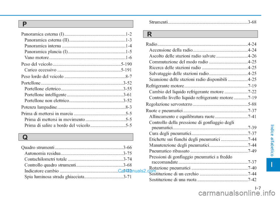 Hyundai Tucson 2019 Manuale del proprietario (in Italian) I-7
I
Indice alfabetico
Panoramica esterna (I) ....................................................1-2
Panoramica esterna (II) ................................................1-3
Panoramica interna .. Hyundai Tucson 2019 Manuale del proprietario (in Italian) I-7
I
Indice alfabetico
Panoramica esterna (I) ....................................................1-2
Panoramica esterna (II) ................................................1-3
Panoramica interna ..