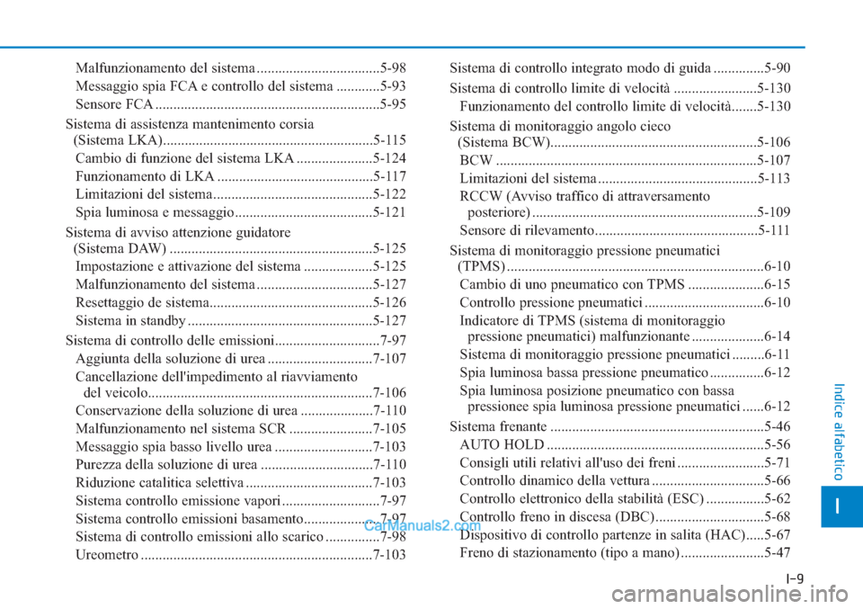 Hyundai Tucson 2019 Manuale del proprietario (in Italian) I-9
I
Indice alfabetico
Malfunzionamento del sistema ..................................5-98
Messaggio spia FCA e controllo del sistema ............5-93
Sensore FCA .................................... Hyundai Tucson 2019 Manuale del proprietario (in Italian) I-9
I
Indice alfabetico
Malfunzionamento del sistema ..................................5-98
Messaggio spia FCA e controllo del sistema ............5-93
Sensore FCA ....................................