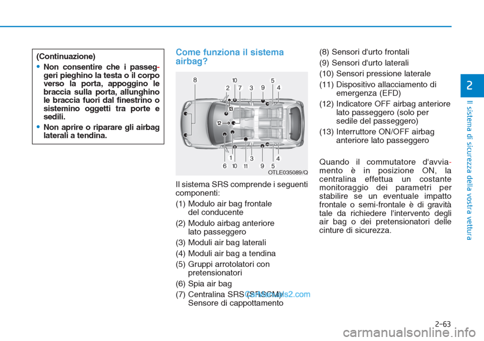 Hyundai Tucson 2019 Manuale del proprietario (in Italian) 2-63
Il sistema di sicurezza della vostra vettura
2
Come funziona il sistema
airbag?
Il sistema SRS comprende i seguenti
componenti:
(1) Modulo air bag frontale
del conducente
(2) Modulo airbag anter Hyundai Tucson 2019 Manuale del proprietario (in Italian) 2-63
Il sistema di sicurezza della vostra vettura
2
Come funziona il sistema
airbag?
Il sistema SRS comprende i seguenti
componenti:
(1) Modulo air bag frontale
del conducente
(2) Modulo airbag anter