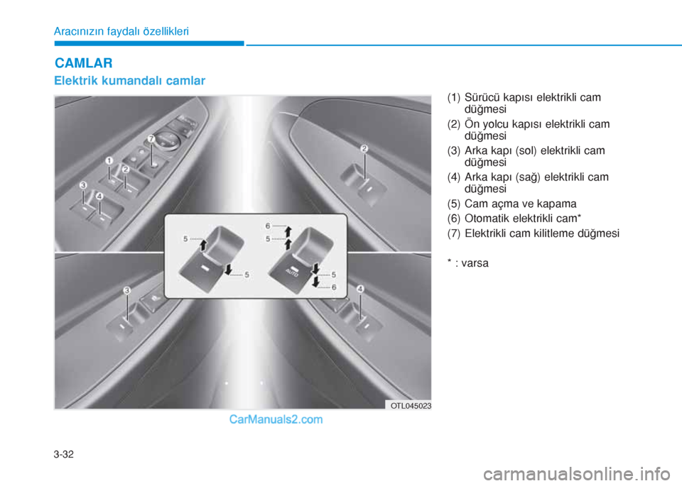 Hyundai Tucson 2019  Kullanım Kılavuzu (in Turkish) 3-32
CAMLAR
Aracınızın faydalı özellikleri
Elektrik kumandalı camlar
(1) Sürücü kapısı elektrikli cam
düğmesi
(2) Ön yolcu kapısı elektrikli cam
düğmesi
(3) Arka kapı (sol) elektrik