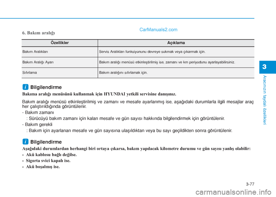 Hyundai Tucson 2019  Kullanım Kılavuzu (in Turkish) 3-77
Aracınızın faydalı özellikleri
3
ÖzelliklerAçıklama
Bakım AralıklarıServis Aralıkları fonksiyonunu devreye sokmak veya çıkarmak için.
Bakım Aralığı AyarıBakım aralığı men