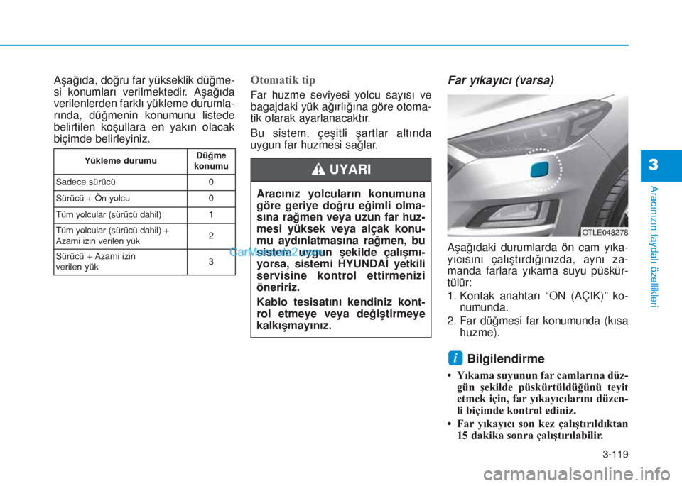 Hyundai Tucson 2019 Kullanım Kılavuzu (in Turkish) 3-119
Aracınızın faydalı özellikleri
3
Aşağıda, doğru far yükseklik düğme-
si konumları verilmektedir. Aşağıda
verilenlerden farklı yükleme durumla-
rında, düğmenin konumunu liste Hyundai Tucson 2019 Kullanım Kılavuzu (in Turkish) 3-119
Aracınızın faydalı özellikleri
3
Aşağıda, doğru far yükseklik düğme-
si konumları verilmektedir. Aşağıda
verilenlerden farklı yükleme durumla-
rında, düğmenin konumunu liste
