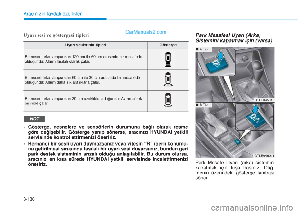 Hyundai Tucson 2019 Kullanım Kılavuzu (in Turkish) 3-130
Aracınızın faydalı özellikleri
Uyarı sesi ve göstergesi tipleriPark Mesafesi Uyarı (Arka)
Sistemini kapatmak için (varsa)
Park Mesafe Uyarı (arka) sistemini
kapatmak için tuşa basın Hyundai Tucson 2019 Kullanım Kılavuzu (in Turkish) 3-130
Aracınızın faydalı özellikleri
Uyarı sesi ve göstergesi tipleriPark Mesafesi Uyarı (Arka)
Sistemini kapatmak için (varsa)
Park Mesafe Uyarı (arka) sistemini
kapatmak için tuşa basın
