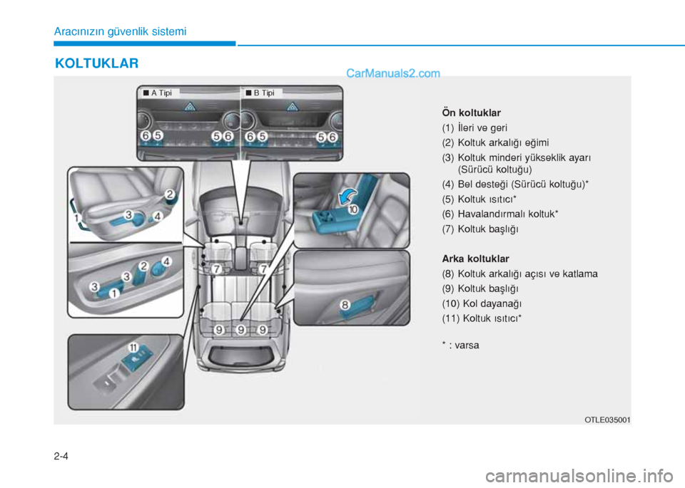 Hyundai Tucson 2019 Kullanım Kılavuzu (in Turkish) 2-4
KOLTUKLAR
Aracınızın güvenlik sistemi
OTLE035001
Ön koltuklar
(1) İleri ve geri
(2) Koltuk arkalığı eğimi
(3) Koltuk minderi yükseklik ayarı
(Sürücü koltuğu)
(4) Bel desteği (Sü Hyundai Tucson 2019 Kullanım Kılavuzu (in Turkish) 2-4
KOLTUKLAR
Aracınızın güvenlik sistemi
OTLE035001
Ön koltuklar
(1) İleri ve geri
(2) Koltuk arkalığı eğimi
(3) Koltuk minderi yükseklik ayarı
(Sürücü koltuğu)
(4) Bel desteği (Sü
