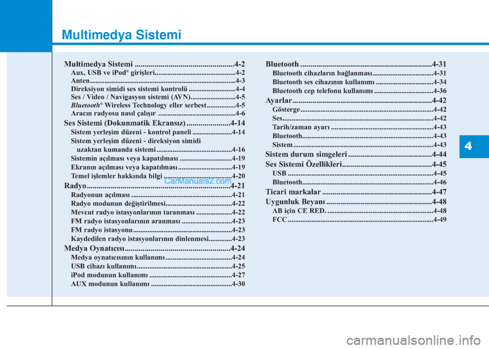 Hyundai Tucson 2019  Kullanım Kılavuzu (in Turkish) Multimedya Sistemi
Multimedya Sistemi ..................................................4-2
Aux, USB ve iPod®girişleri.............................................4-2
Anten .........................