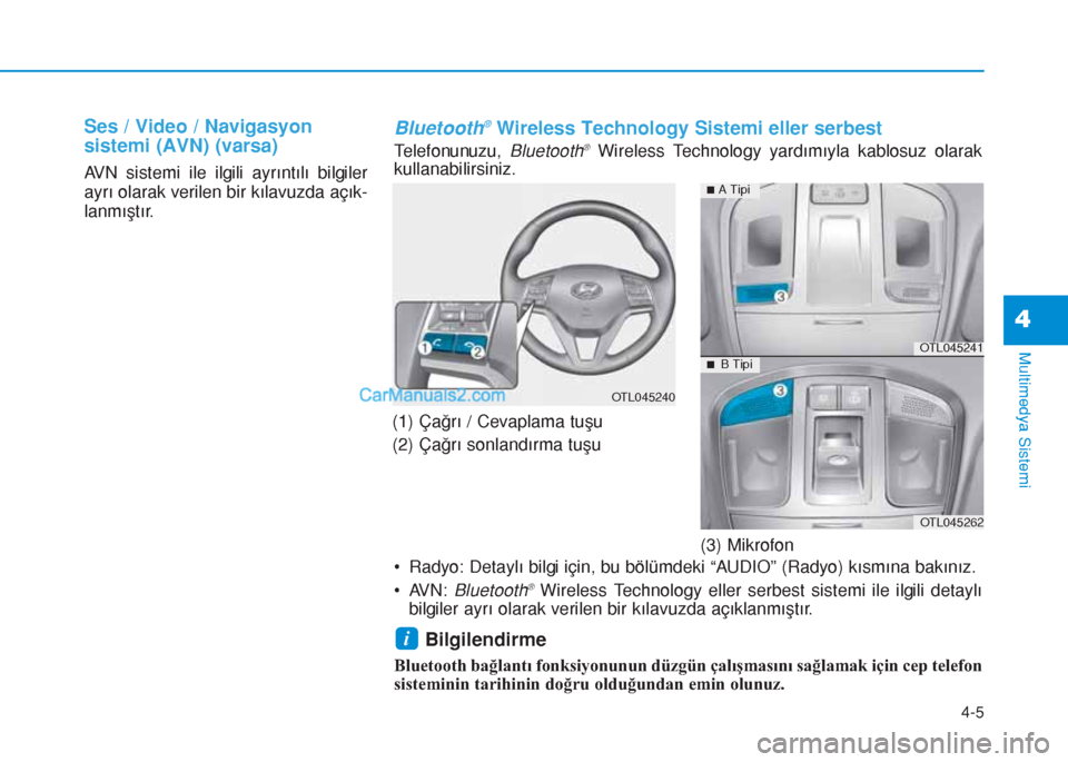 Hyundai Tucson 2019  Kullanım Kılavuzu (in Turkish) Ses / Video / Navigasyon
sistemi (AVN) (varsa)
AVN sistemi ile ilgili ayrıntılı bilgiler
ayrı olarak verilen bir kılavuzda açık-
lanmıştır.
(1) Çağrı / Cevaplama tuşu
(2) Çağrı sonlan