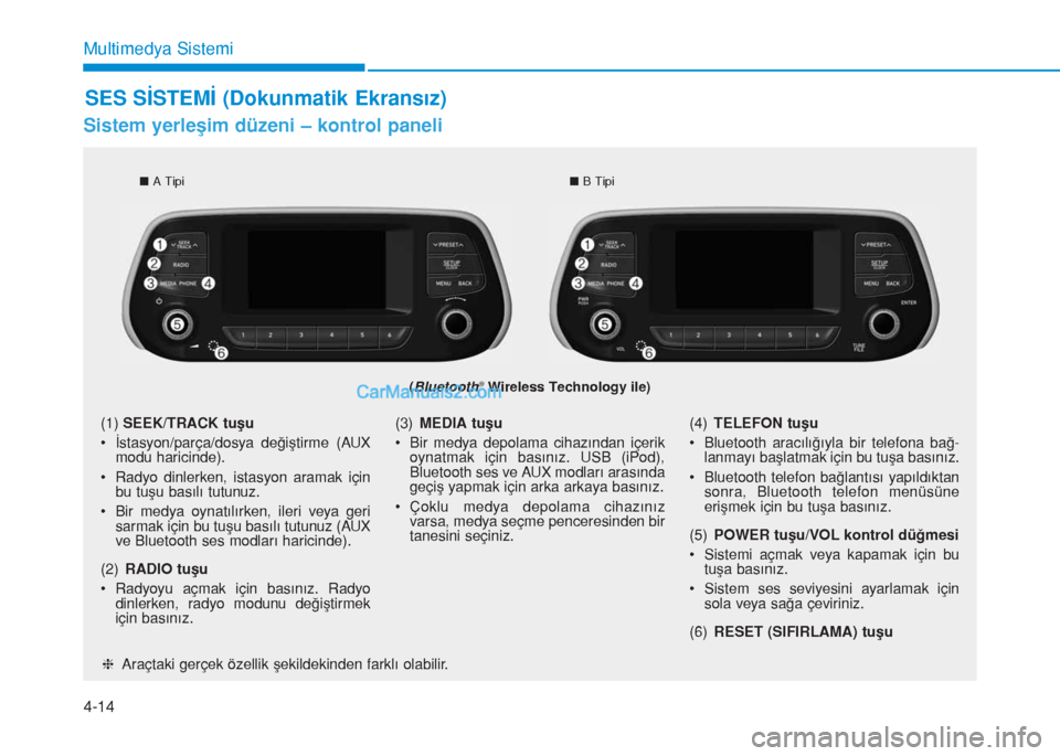 Hyundai Tucson 2019  Kullanım Kılavuzu (in Turkish) 4-14
Multimedya Sistemi
Sistem yerleşim düzeni – kontrol paneli
(Bluetooth®Wireless Technology ile)
hAraçtaki gerçek özellik şekildekinden farklı olabilir.
(1)SEEK/TRACK tuşu
• İstasyon/