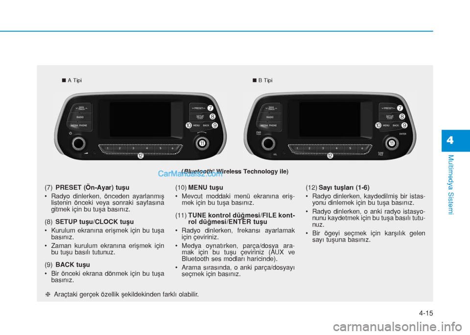Hyundai Tucson 2019  Kullanım Kılavuzu (in Turkish) 4-15
Multimedya Sistemi
4
(Bluetooth®Wireless Technology ile)
nA TipinB Tipi
hAraçtaki gerçek özellik şekildekinden farklı olabilir. (7)PRESET (Ön-Ayar) tuşu
• Radyo dinlerken, önceden ayar