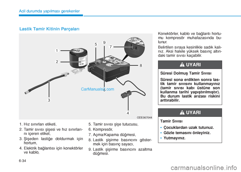 Hyundai Tucson 2019 Kullanım Kılavuzu (in Turkish) 6-34
Konektörler, kablo ve bağlantı hortu-
mu kompresör muhafazasında bu-
lunur.
Belirtilen sıraya kesinlikle sadık kalı-
nız. Aksi halele yüksek basınç altın-
daki tamir sıvısı kaçab Hyundai Tucson 2019 Kullanım Kılavuzu (in Turkish) 6-34
Konektörler, kablo ve bağlantı hortu-
mu kompresör muhafazasında bu-
lunur.
Belirtilen sıraya kesinlikle sadık kalı-
nız. Aksi halele yüksek basınç altın-
daki tamir sıvısı kaçab
