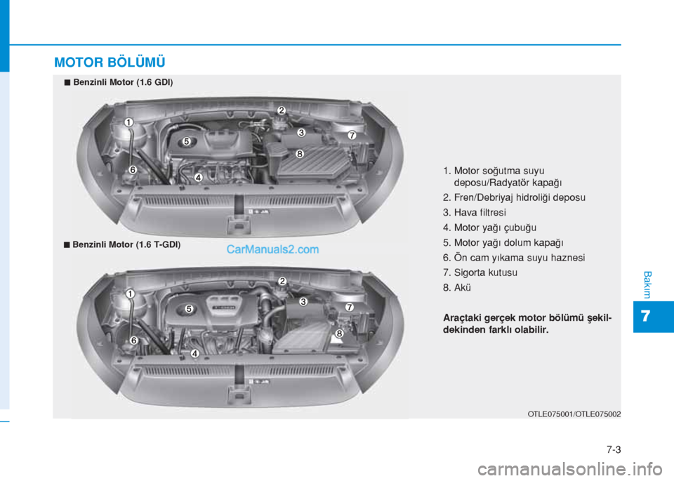 Hyundai Tucson 2019 Kullanım Kılavuzu (in Turkish) 7-3
7
Bakım
MOTOR BÖLÜMÜ
1. Motor soğutma suyu
deposu/Radyatör kapağı
2. Fren/Debriyaj hidroliği deposu
3. Hava filtresi
4. Motor yağı çubuğu
5. Motor yağı dolum kapağı
6. Ön cam yı Hyundai Tucson 2019 Kullanım Kılavuzu (in Turkish) 7-3
7
Bakım
MOTOR BÖLÜMÜ
1. Motor soğutma suyu
deposu/Radyatör kapağı
2. Fren/Debriyaj hidroliği deposu
3. Hava filtresi
4. Motor yağı çubuğu
5. Motor yağı dolum kapağı
6. Ön cam yı