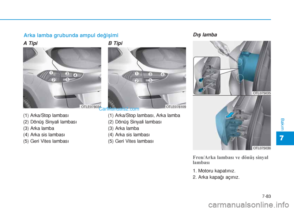 Hyundai Tucson 2019  Kullanım Kılavuzu (in Turkish) 7-83
7
Bakım
A Tipi
(1) Arka/Stop lambası
(2) Dönüş Sinyali lambası
(3) Arka lamba
(4) Arka sis lambası
(5) Geri Vites lambası
B Tipi
(1) Arka/Stop lambası, Arka lamba
(2) Dönüş Sinyali la