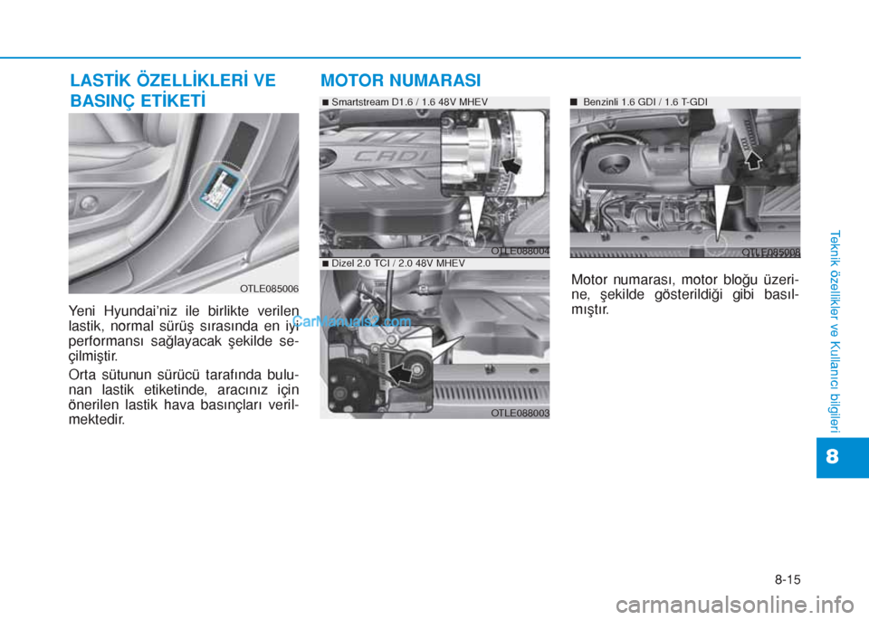 Hyundai Tucson 2019  Kullanım Kılavuzu (in Turkish) 8-15
8
Teknik özellikler ve Kullanıcı bilgileri
Yeni Hyundai’niz ile birlikte verilen
lastik, normal sürüş sırasında en iyi
performansı sağlayacak şekilde se-
çilmiştir.
Orta sütunun s