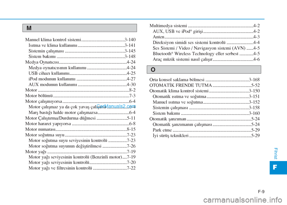 Hyundai Tucson 2019  Kullanım Kılavuzu (in Turkish) F-9
F
Fihrist
Manuel klima kontrol sistemi .....................................3-140
Isıtma ve klima kullanımı ........................................3-141
Sistemin çalışması ................