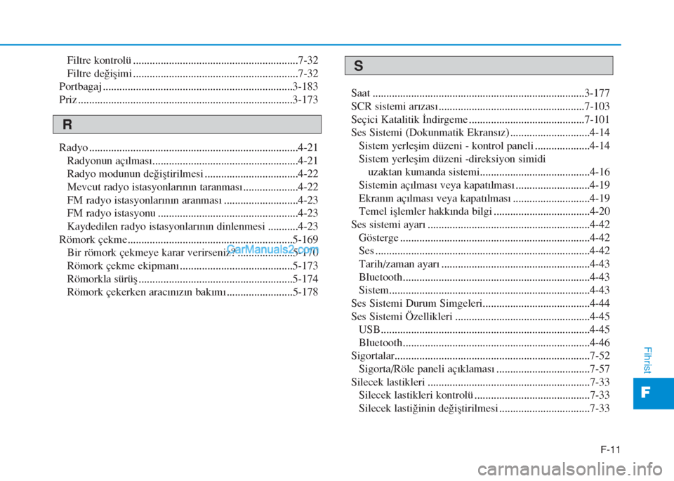 Hyundai Tucson 2019  Kullanım Kılavuzu (in Turkish) F-11
F
Fihrist
Filtre kontrolü ............................................................7-32
Filtre değişimi ............................................................7-32
Portbagaj ..........