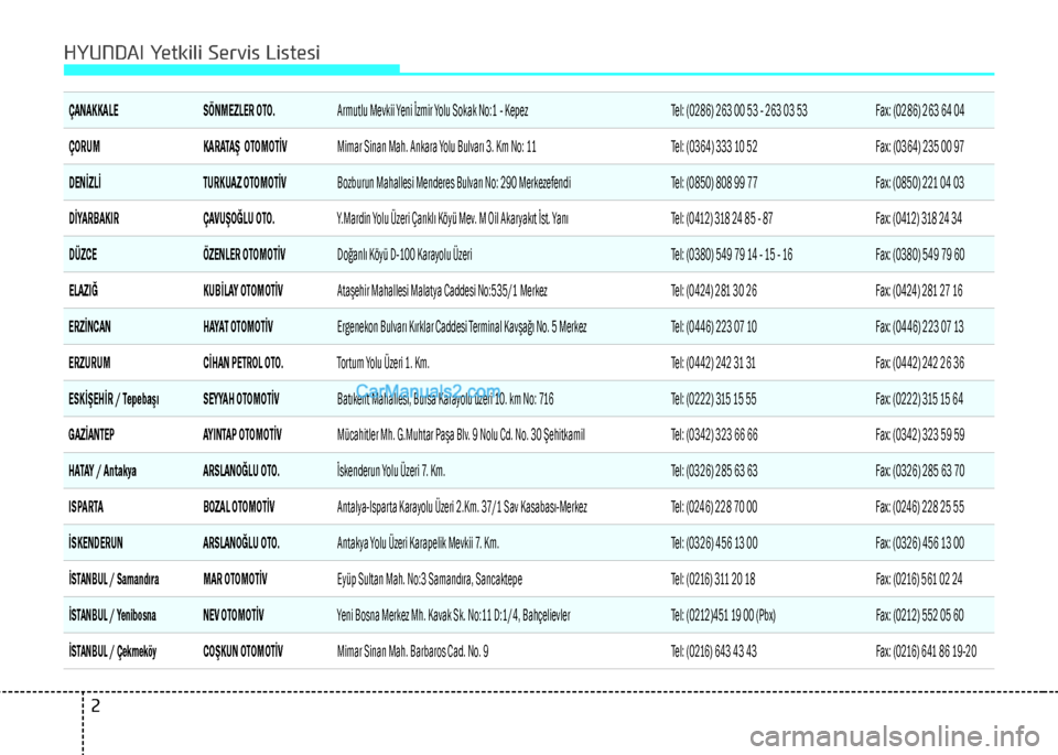 Hyundai Tucson 2019  Kullanım Kılavuzu (in Turkish) 2
ÇANAKKALESÖNMEZLER OTO.Armutlu Mevkii Yeni İzmir Yolu Sokak No:1 - Kepez Tel: (0286) 263 00 53 - 263 03 53Fax: (0286) 263 64 04
ÇORUM KARATAŞ  OTOMOTİVMimar Sinan Mah. Ankara Yolu Bulvarı 3. 