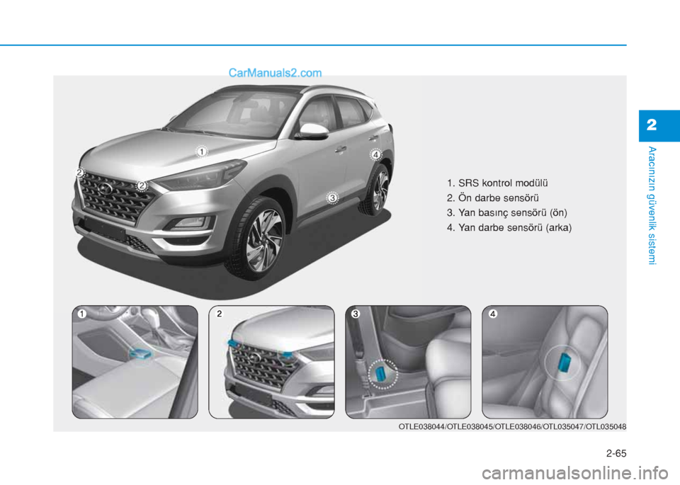 Hyundai Tucson 2019 Kullanım Kılavuzu (in Turkish) 2-65
Aracınızın güvenlik sistemi
2
1. SRS kontrol modülü
2. Ön darbe sensörü
3. Yan basınç sensörü (ön)
4. Yan darbe sensörü (arka)
OTLE038044/OTLE038045/OTLE038046/OTL035047/OTL035048 Hyundai Tucson 2019 Kullanım Kılavuzu (in Turkish) 2-65
Aracınızın güvenlik sistemi
2
1. SRS kontrol modülü
2. Ön darbe sensörü
3. Yan basınç sensörü (ön)
4. Yan darbe sensörü (arka)
OTLE038044/OTLE038045/OTLE038046/OTL035047/OTL035048