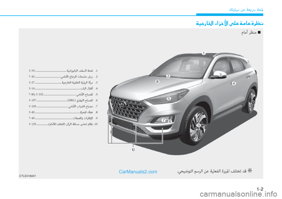 Hyundai Tucson 2019  دليل المالك 1-2
ﻚﺗرﺎﻴﺳ ﻦﻋ ﺔﻌﻳﴎ ﺔﺤﳌ
OTLE018001
�Ï�Ë�S�g�@�†�?��Ò�?�j�S�Û�?��Ð�¹�¤��Ï�¼�@�¤��Î�h�¡�À
3-35 ............................................ ﺔﻴﻣار