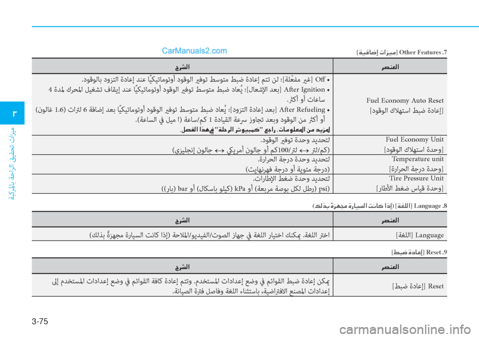 Hyundai Tucson 2019  دليل المالك 3-75
ﺔﺒﻛﺮﳌﺎﺑ ﺔﺣاﺮﻟا ﻖﻴﻘﺤﺗ تاﺰﻴﻣ
�1
[�Ï�Ë�¬�@�w�E��N�?�j�Ë�¼] Other Features�.7
�h�t�Á�¥�¸�? �^�h�p�¸�?
Fuel Economy Auto Reset 
[دﻮﻗﻮﻟا �