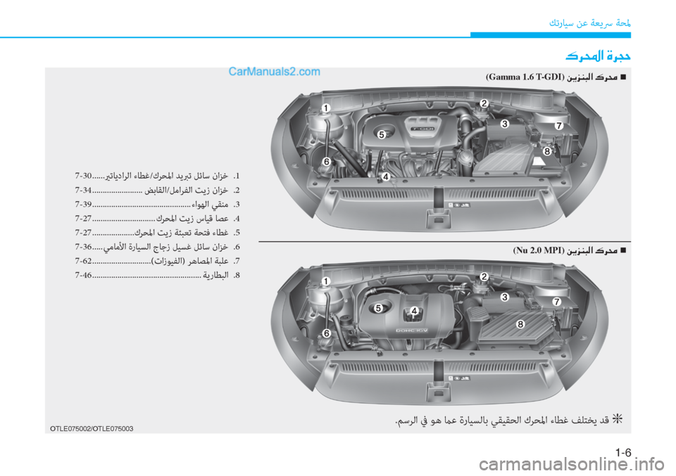 Hyundai Tucson 2019  دليل المالك 1-�
ﻚﺗرﺎﻴﺳ ﻦﻋ ﺔﻌﻳﴎ ﺔﺤﳌ
�·�h��?��Î�h�T�W
7-30 ......يرﺗﺎﻳداﺮﻟا ءﺎﻄﻏ/كﺮﺤﳌا ﺪﻳﱪﺗ ﻞﺋﺎﺳ ناﺰﺧ  .1
7-34
 ................